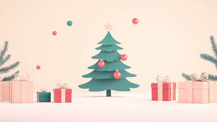 Minimalist christmas tree and gift boxes frame vector illustration