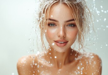 A close-up portrait of a woman with water droplets, showcasing beauty and freshness.