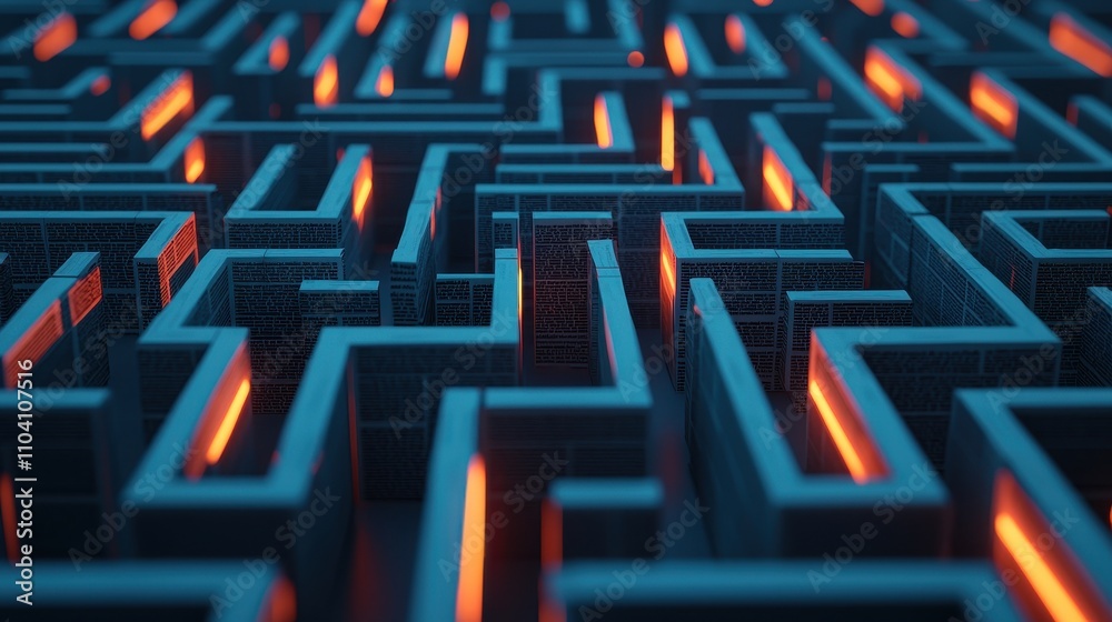 Poster a vibrant, abstract maze design featuring glowing orange paths, creating a captivating visual of com