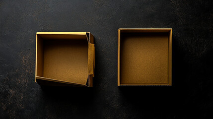 Two cardboard boxes, one closed and the other open, on a black background