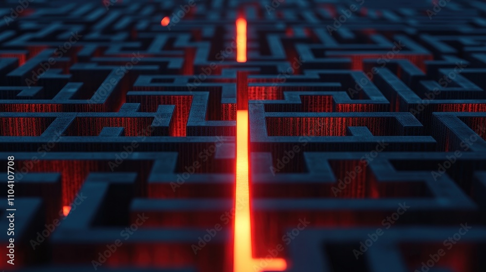 Poster a vibrant maze with illuminated paths, blending intricate patterns and glowing red lines, creating a