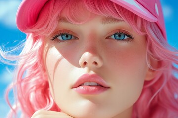 Naklejka premium A vibrant woman with striking pink hair and a matching cap gazes confidently under the bright blue sky, embracing individuality and modern style with grace and allure.