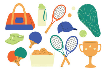 Set of elements for tennis. Vector illustration. Flat style. Tennis collection.