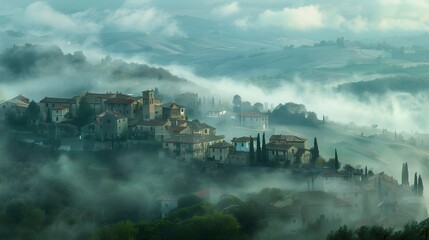 Fototapeta premium Misty Mountain Village Houses Rolling Hills Landscape