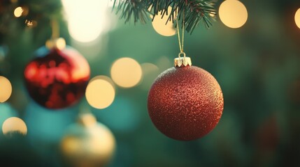 A decorative red ornament hangs from a festive Christmas tree