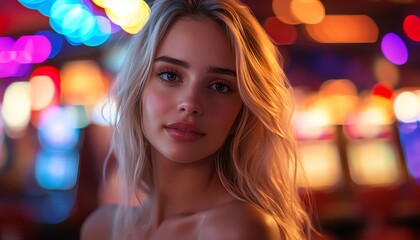 Fototapeta premium Blonde woman glowing in vibrant casino lights, confident and glamorous