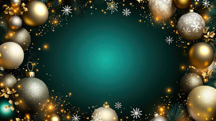 Holiday ornament frame with baubles and snowflakes vector illustration