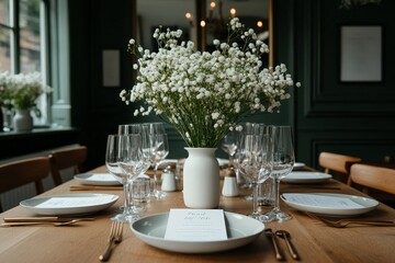 Fototapeta premium An elegantly arranged dining table is adorned with a stunning white floral centerpiece, showcasing minimalist white dinnerware and sparkling glassware.