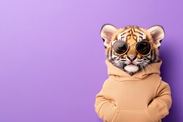 Tiger cub in tan hoodie with cool sunglasses style