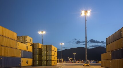 Shipping container terminal operations at dusk industrial landscape aerial view logistics and transportation concept