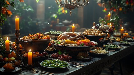 A Thanksgiving buffet with international flavors, traditional roasted turkey placed next to Mexican enchiladas, Moroccan tagine, and Thai green curry,