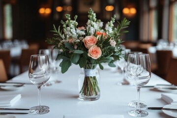 A beautifully arranged wedding table setting featuring a floral centerpiece with roses and foliage, accompanied by wine glasses and soft, dimmed ambient lighting.