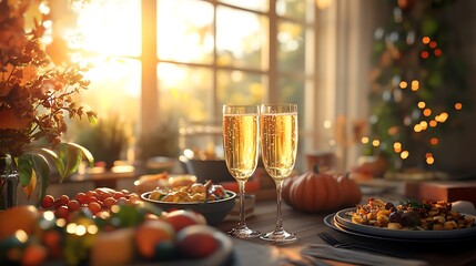 Fototapeta premium A Thanksgiving celebration with friends, a lively toast with champagne flutes raised high, a rustic table filled with traditional dishes and vibrant autumn decor,