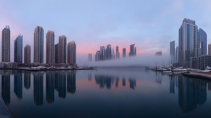Obraz premium Dubai Marina Skyline Reflected In Calm Waters At Dawn