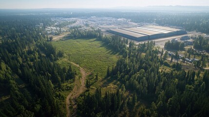 Fototapeta premium Aerial view of industrial area surrounded by forest north america landscape natural environment drone perspective urban development