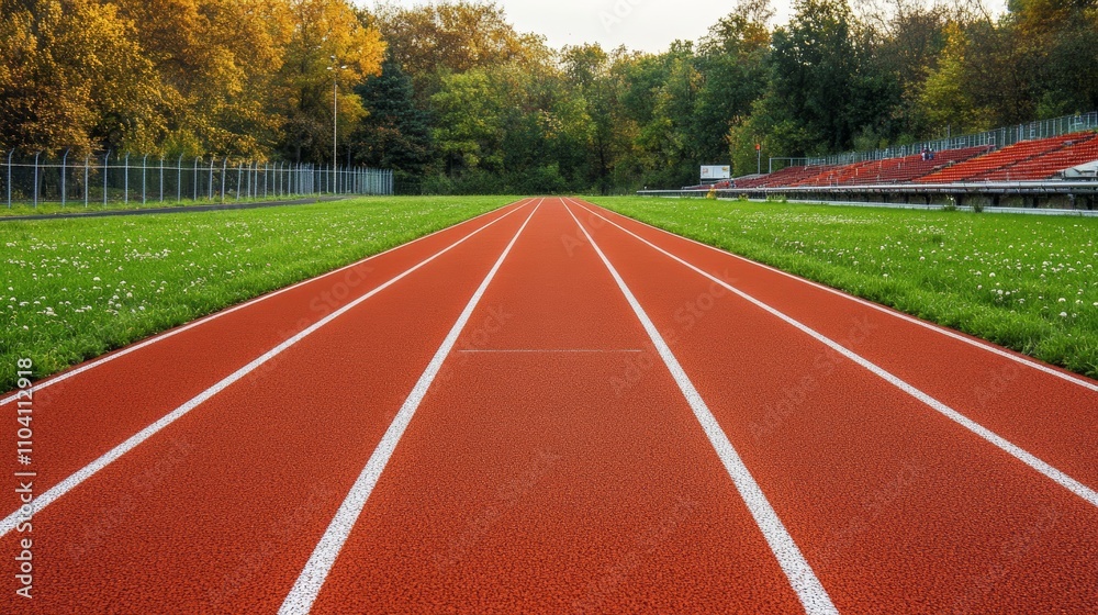 Aufkleber Empty running track extending into the distance, bordered by lush green grass and trees, creating a serene and inviting atmosphere for athletes