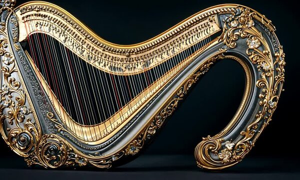 An ornate harp featuring intricate designs and golden accents, showcasing musical craftsmanship.
