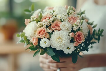 Obraz premium A beautifully arranged wedding bouquet featuring delicate roses and blooms in white and blushing pinks, symbolizing romance, tenderness, and celebration.