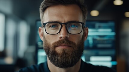 Fototapeta premium A portrait of a man wearing glasses and a beard, staring directly at the camera with a focused expression in an indoor setting, exuding confidence and modernity.