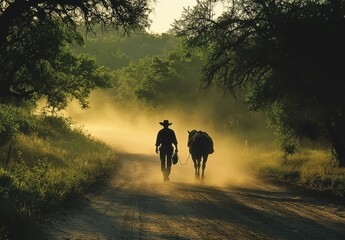 A cowboy leads his horse along an old dirt road in the countryside, dust swirling around them as they walk through lush green trees at dawn.