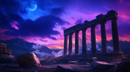 Naklejka premium Majestic Temple Ruins Glowing Under Twilight Sky with Moonlight and Dramatic Colors Illuminating an Ancient Landscape