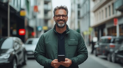 A mature man smiles confidently while holding a smartphone, standing on a busy urban street with tall buildings and a modern cityscape in the background, radiating positivity.