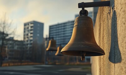 Antique bells mounted on a city wall in the golden light of sunset.