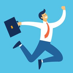 Happy Office Worker Jumping with Briefcase in Modern Vector Art