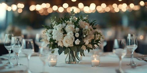 A stunning centerpiece featuring a bouquet of white roses and greenery, surrounded by small candles on a table setting, enhancing a romantic ambiance and elegance.