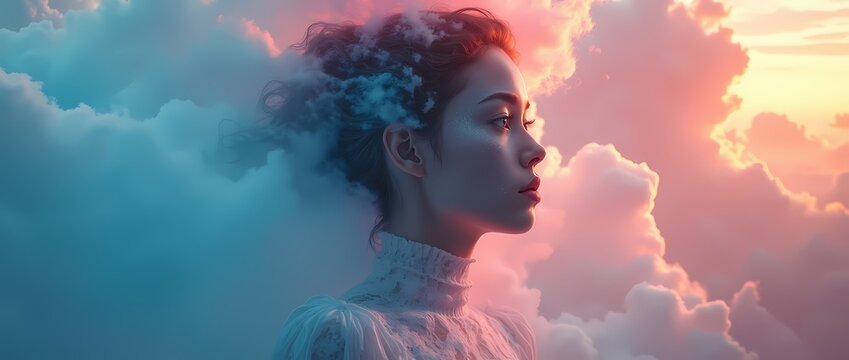 Art design - Woman with artificial intelligence surrounded by colorful clouds