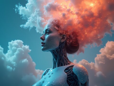 Art design - Woman with artificial intelligence surrounded by colorful clouds