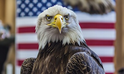 Naklejka premium Bald eagle portrait with American flag background.