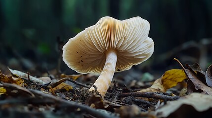 A close-up of a mushroom surrounded by fallen leaves in a forest setting.