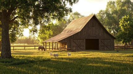 Obraz premium Rustic Barn Bathed in Golden Sunlight with Peaceful Grazing Farm Animals - Ultra-Detailed Farm Scene
