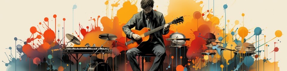 Fototapeta premium A male musician immersed in his art, playing acoustic guitar against a vibrant backdrop of colorful splashes.