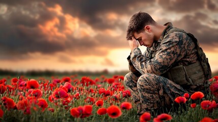 Soldier Sitting Quietly in a Field of Poppies, Reflecting on Peace Amidst Vibrant Nature and Dramatic Sky During Sunset in a Serene Landscape