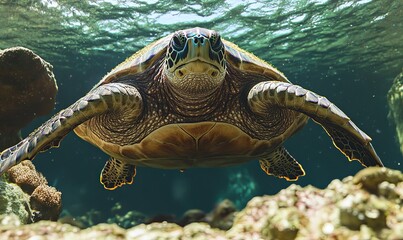 Obraz premium Close-up of a sea turtle underwater, swimming towards the camera, with coral reef background.