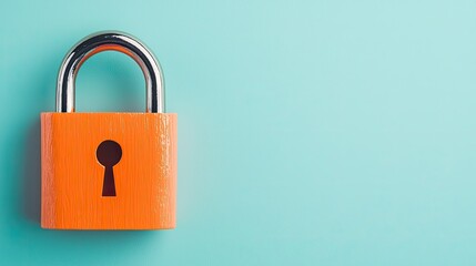 Fototapeta premium A vibrant orange padlock with a keyhole stands out against a light blue background, symbolizing security and protection.