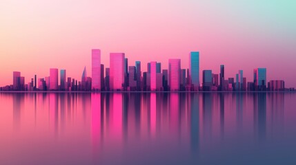 Fototapeta premium A vibrant city skyline at sunset, featuring colorful reflections on the water, creating a dreamlike and serene atmosphere.