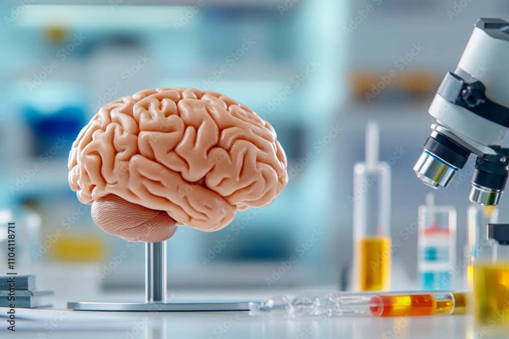 Aufkleber A brain being studied under a microscope in a research lab, with test tubes and notes visible in the background