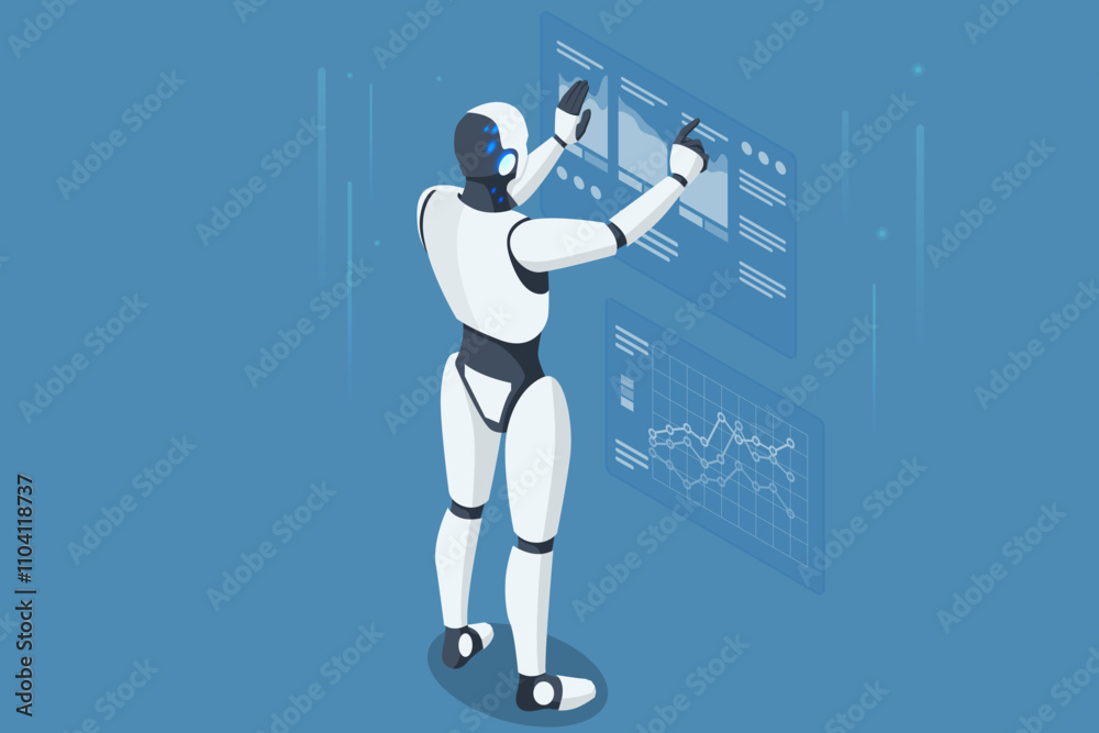 Poster isometric ai artificial intelligence. with ai, robots efficiently handle business analytics, uncover