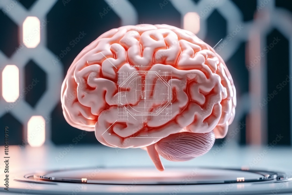 Fototapete a brain surrounded by a holographic display of scientific data and graphs in a futuristic lab