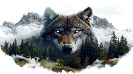 Fototapeta premium A dramatic aerial view of Wolf Mountain, the wolf-shaped peaks covered in glistening snow, glowing caves forming its fierce eyes, and jagged cliffs surrounded by misty forests under a moody,
