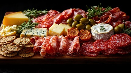  a wooden platter filled with a variety of meats and cheeses, including salami, cured meats, and other cheeses The platter is arranged in an aesthetically pleasing