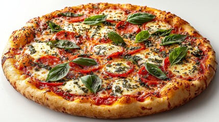  a pizza sitting on top of a white table The pizza is round with a golden-brown crust and is topped with melted cheese, red pepperoni, and green basil leaves