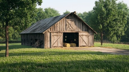 Obraz premium Photorealistic View of Rustic Barn with Open Door, Farm Tools, and Hay Bales in Lush Field - Ultra-Detailed Rural Scene