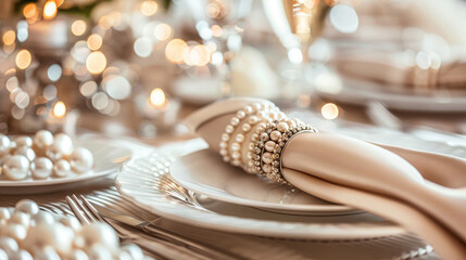 Elegant Table Setting with Pearl Napkin Rings and Soft Lighting for a Luxurious Dining Experience