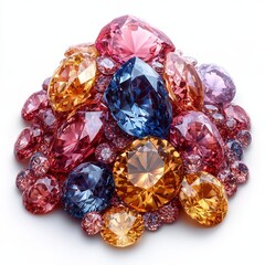A heap of sparkling zircon gemstones in various pastel shades of pink, yellow, and blue with intricate facets piled together on a clean white background, Photorealistic