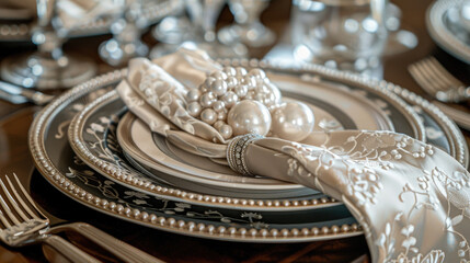 Elegant Table Setting with Luxurious Pearl Accents and Intricate Silverware for a Sophisticated Dining Experience
