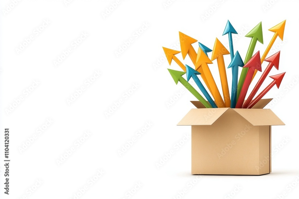 Poster a clean 2d flat illustration of an open box with arrows flying out, symbolizing creativity and ideas